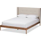 Brooklyn Full Platform Bed in Beige Fabric & Walnut Wood