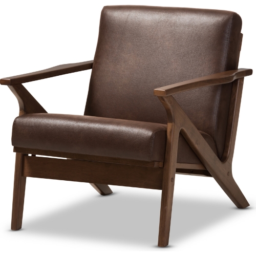 Bianca Lounge Chair in Distressed Brown Leatherette & Walnut