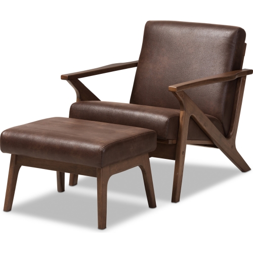 Bianca Lounge Chair & Ottoman in Distressed Brown & Walnut