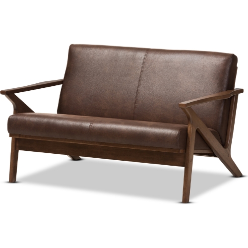 Bianca Loveseat in Distressed Brown Leatherette & Walnut