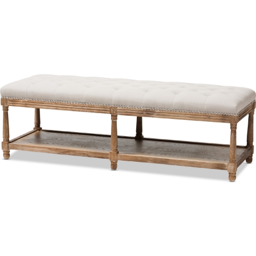 Celeste Bench in Tufted Beige Linen & Weathered Oak
