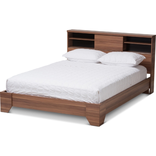 Vanda Queen Platform Bed in Walnut Finish & Black Wood