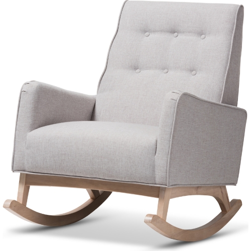 Marlena Rocking Chair in Tufted Gray Beige Fabric & White Wash