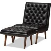 Annetha Accent Lounge Chair & Ottoman in Tufted Black Leatherette & Walnut