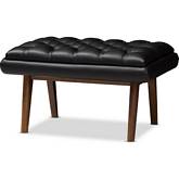 Annetha Ottoman in Tufted Black Leatherette & Walnut Finish