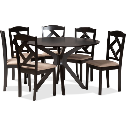 Carlin 7 Piece Dining Set Sand Fabric & in Dark Brown Wood
