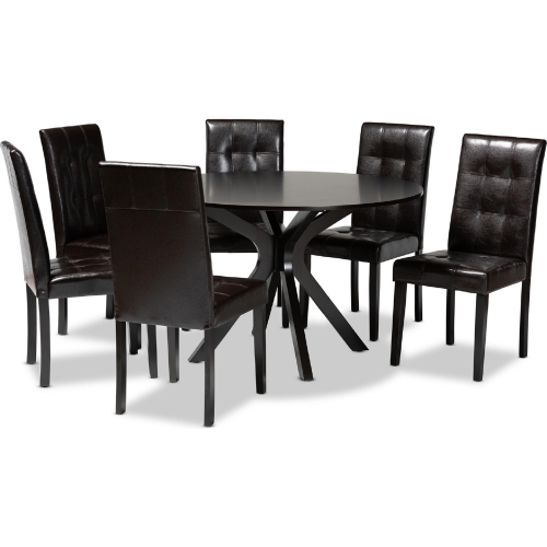 Marie 7 Piece Dining Set in Brown Leatherette & Dark Wood