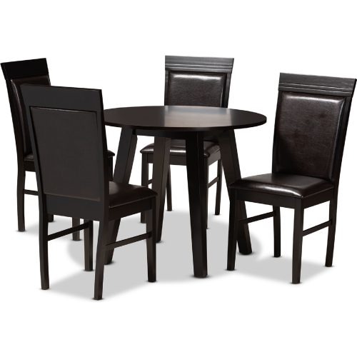 Miya 5 Piece Dining Set in Dark Brown Leatherette & Dark Brown Wood