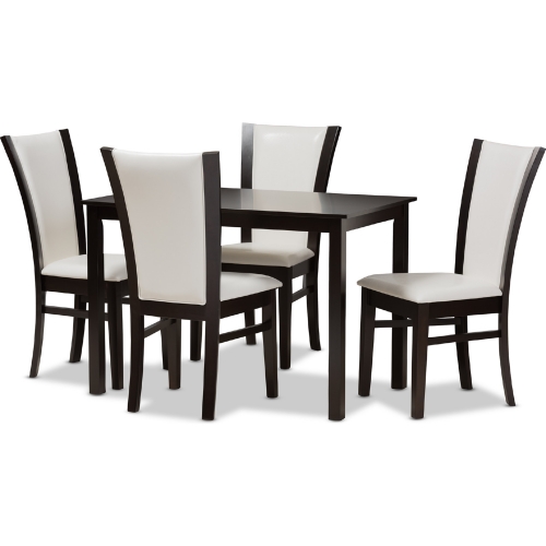 Adley 5 Piece Dining Set in White Leatherette & Dark Brown Finish