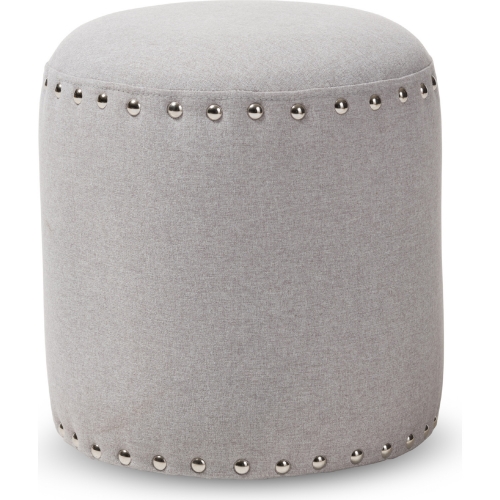 Rosine Ottoman in Light Gray Fabric with Nail Trim