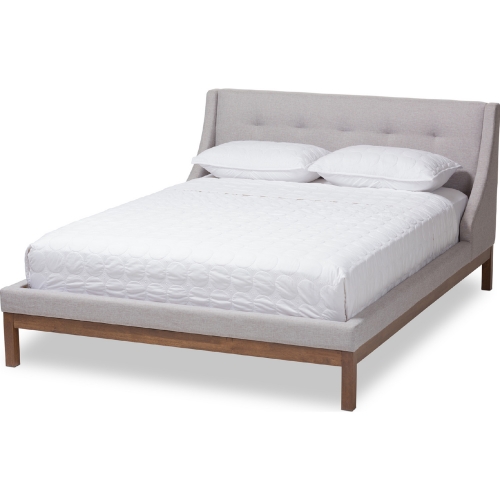 Louvain Queen Platform Bed in Gray Beige Fabric & Walnut Finish