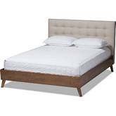 Alinia King Platform Bed in Tufted Light Beige Fabric & Walnut Finish