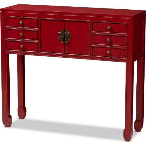 Melodie 6 Drawer Console Table in Antique Red Finish Wood & Bronze
