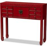 Melodie 6 Drawer Console Table in Antique Red Finish Wood & Bronze