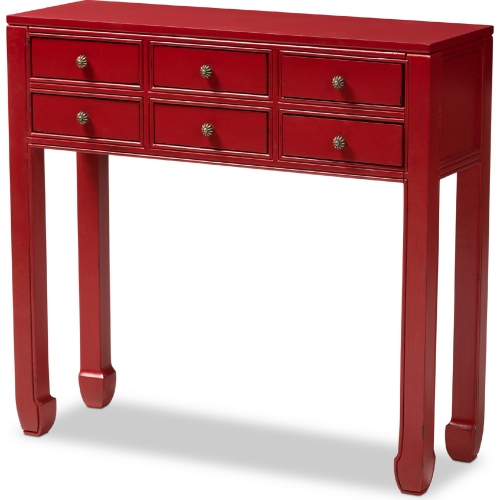 Pomme 6 Drawer Console Table in Antique Red Finish Wood & Bronze