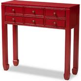 Pomme 6 Drawer Console Table in Antique Red Finish Wood & Bronze