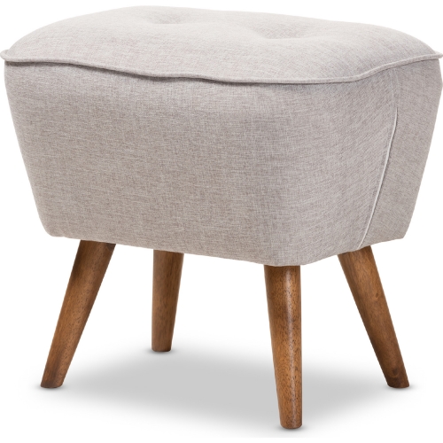 Petronelle Ottoman in Tufted Gray Beige Fabric Walnut Finish