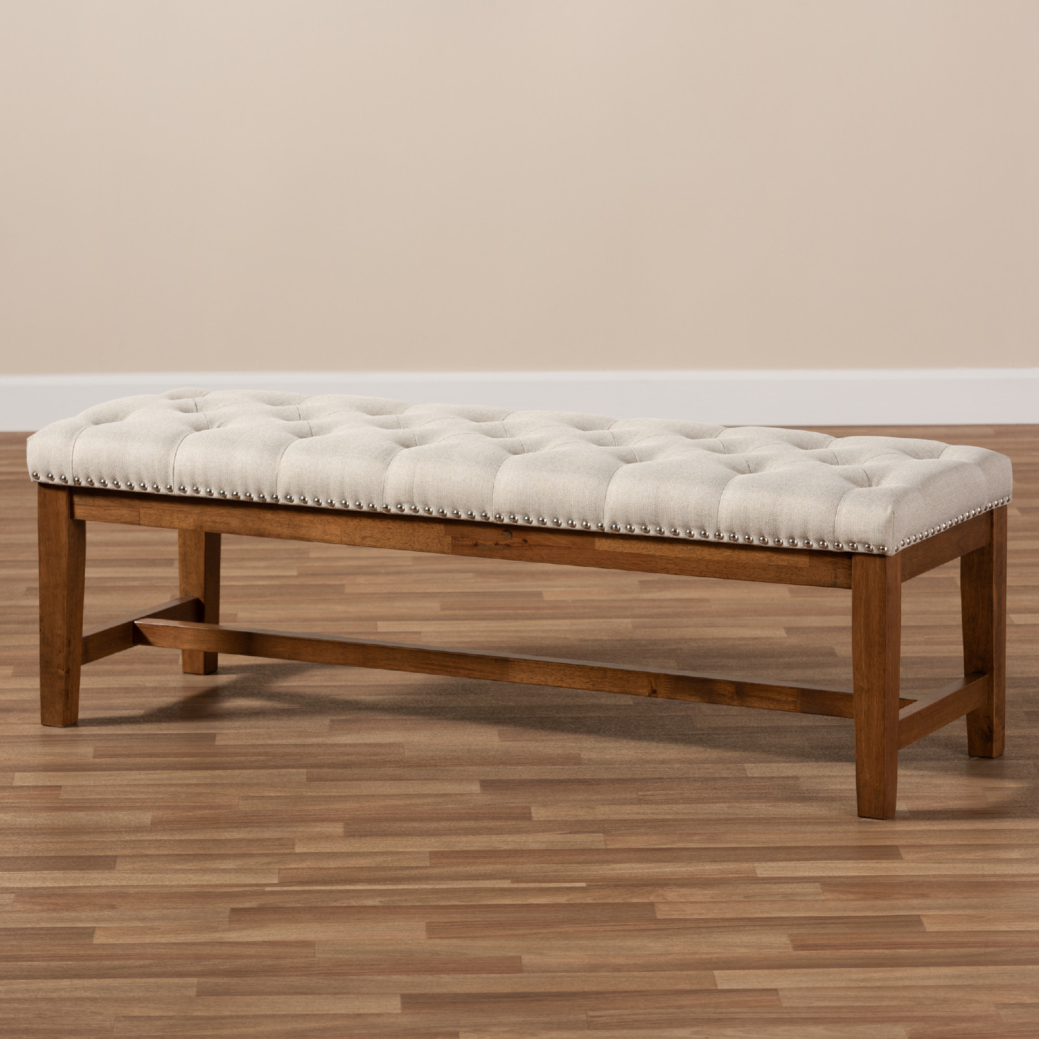 Baxton Studio Ainsley Bench in Tufted Light Beige Fabric & Walnut Finish Wood - Thumbnail 3