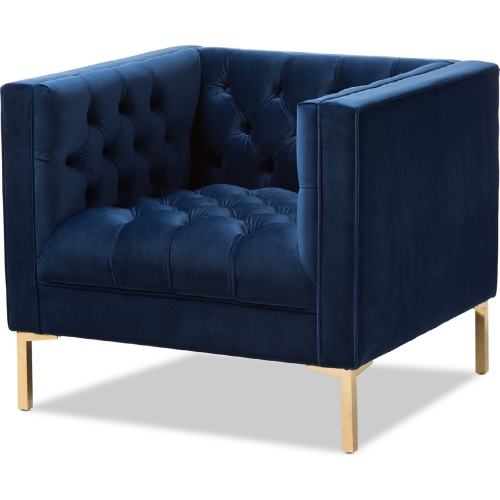 Zanetta Accent Lounge Chair in Tufted Navy Blue Velvet & Gold