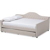 Eliza Full Daybed with Trundle in Tufted Light Beige Fabric