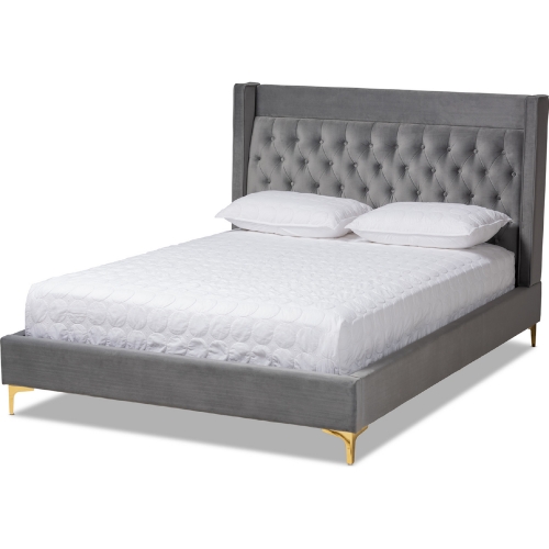 Valery Queen Platform Bed in Tufted Dark Gray Velvet & Gold