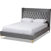 Valery Queen Platform Bed in Tufted Dark Gray Velvet & Gold