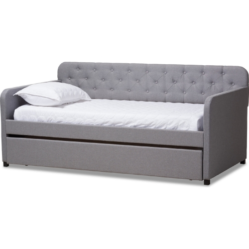Camelia Twin Daybed with Roll Out Trundle in Tufted Gray Fabric