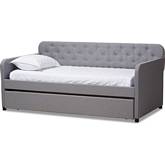 Camelia Twin Daybed with Roll Out Trundle in Tufted Gray Fabric