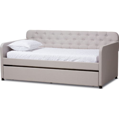 Camelia Twin Daybed with Roll Out Trundle in Tufted Beige Fabric