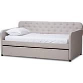 Camelia Twin Daybed with Roll Out Trundle in Tufted Beige Fabric