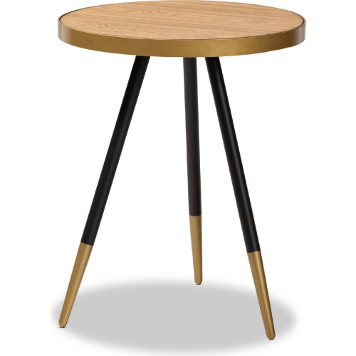 Lauro Round End Table in Walnut Finish, Black & Gold