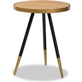 Lauro Round End Table in Walnut Finish, Black & Gold
