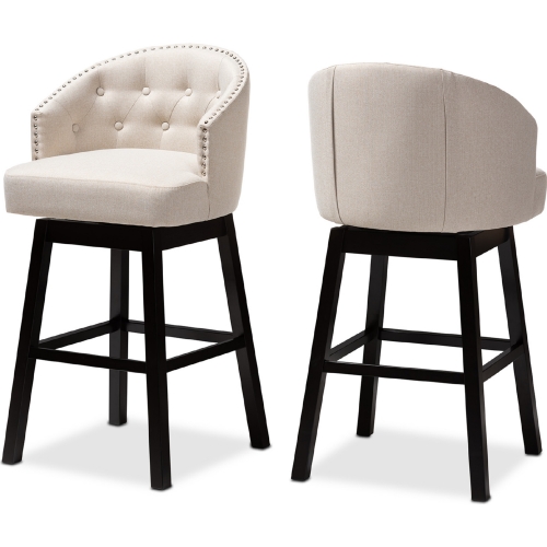 Theron Swivel Bar Stool in Beige Fabric & Espresso (Set of 2)