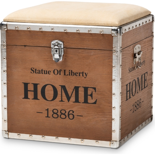 Violetta Storage Trunk Ottoman in Beige Fabric & Wood