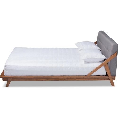 Sante Queen Platform Bed in Tufted Gray Fabric & Walnut Finish