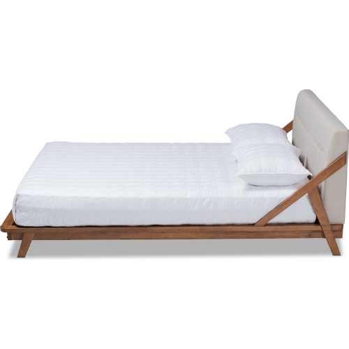 Sante Queen Platform Bed in Tufted Beige Fabric & Walnut Finish