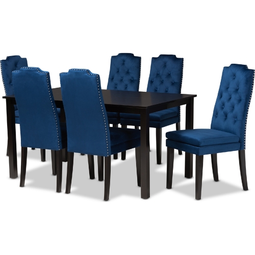 Dylin 7 Piece Dining Set in Navy Blue Fabric & Dark Wood