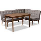 Arvid 3 Piece Wood Dining Nook Set in Gray Fabric & Walnut Finish