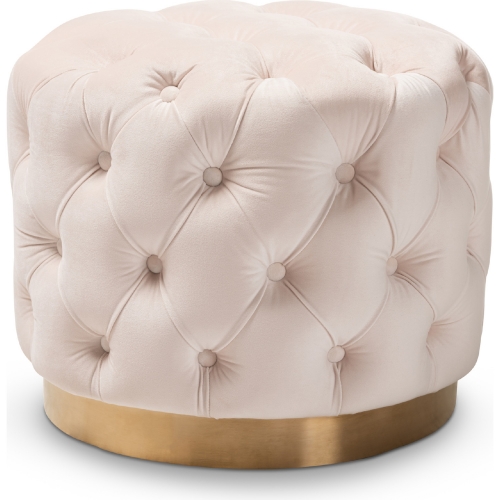 Valeria Ottoman in Tufted Light Beige Velvet & Gold