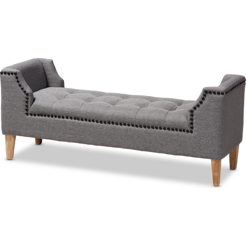 Perret Bench in Tufted Gray Linen Fabric & Oak Brown Finish