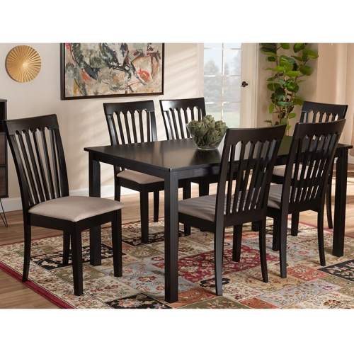 Minette 7 Piece Dining Set in Sand Fabric & Espresso Wood