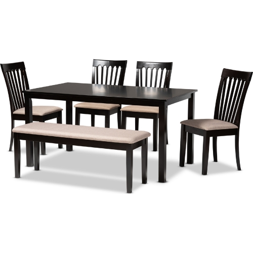 Minette 6 Piece Dining Set in Sand Fabric & Dark Brown Wood