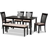Minette 6 Piece Dining Set in Sand Fabric & Dark Brown Wood