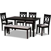 Bennett 6 Piece Dining Set in Gray Fabric & Dark Brown Wood