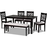 Gustavo 6 Piece Dining Set in Gray Fabric & Dark Brown Wood