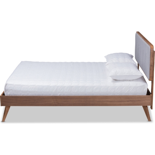 Dilara Queen Platform Bed in Light Gray Fabric & Walnut Finish