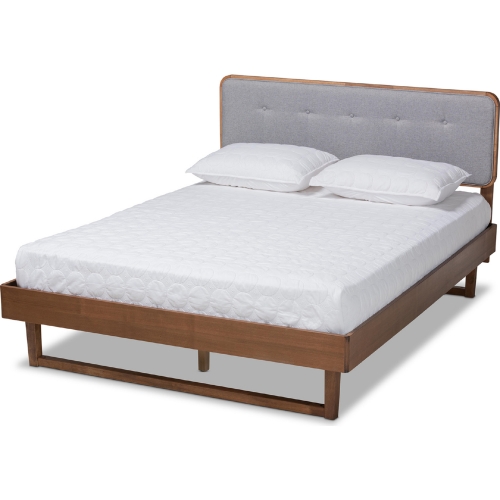 Natalia Queen Platform Bed in Light Gray Fabric & Ash Walnut Finish