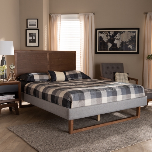Eloise Full Platform Bed in Gray Fabric & Ash Walnut