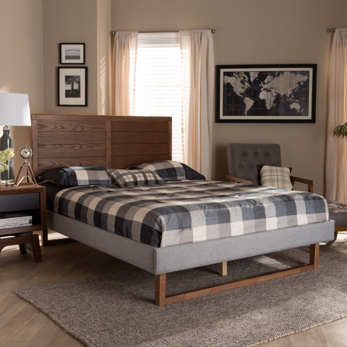 Claudia Full Platform Bed in Light Gray Fabric & Walnut Finish