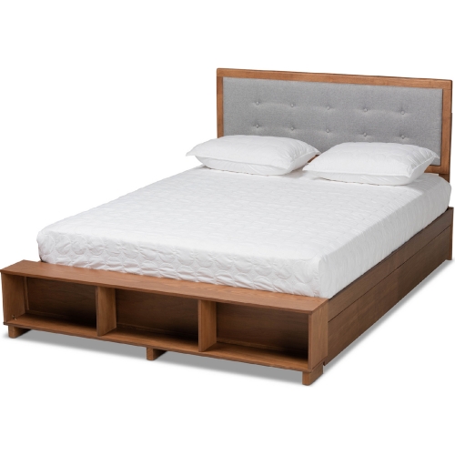 Cosma King Platform Storage Bed in Light Gray Fabric & Ash Walnut